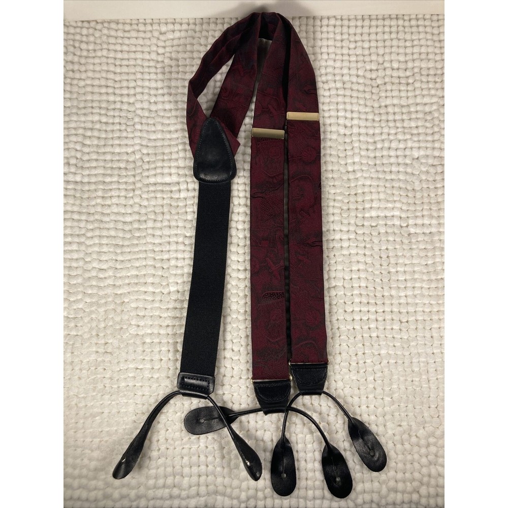 German Red Silk Suspenders Leather VTG Novelty Air Planes Pattern Brass Clips